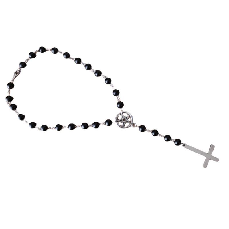 Rosary Necklace Gothic Inverted Cross Pendant Pagan Mysterious Silver Pentagram