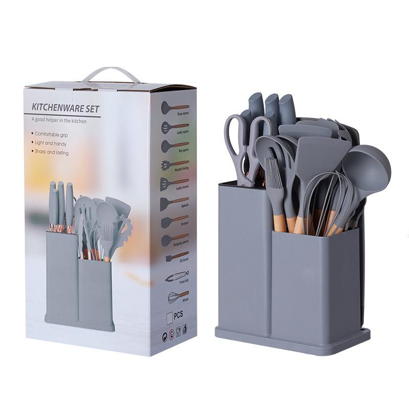 19-Piece Silicone Kitchen Knife Set with Holder: Chef Knife, Cooking Spoon, Shovel, and Household Cutlery.