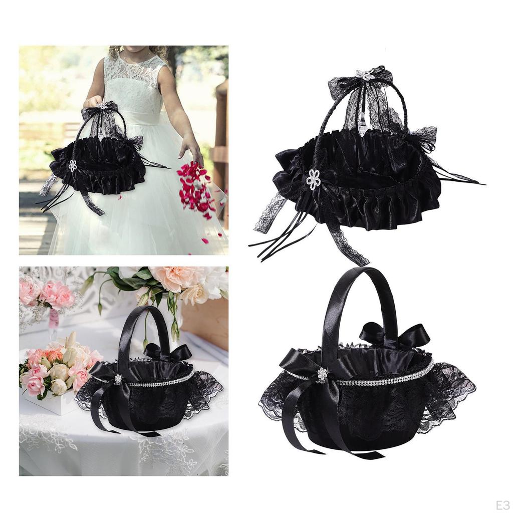 Bröllopsblomsterflickekorg Svart Tyg och Spets Lättviktig Brudaccessoar Förvaring Elegant