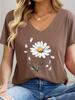 Women's V-Neck T-Shirt Flowers Print Tees Summer Short Sleeve Top Casual Trendy Female Clothing Graphic T-Shirts Clothes Women