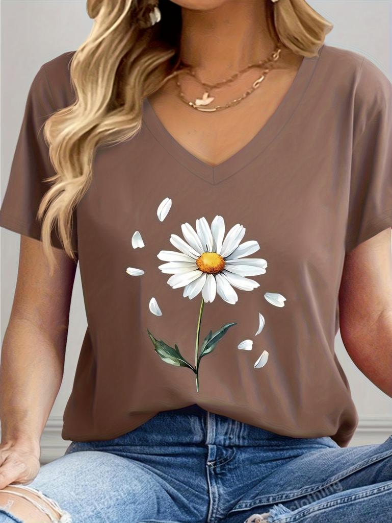 Women's V-Neck T-Shirt Flowers Print Tees Summer Short Sleeve Top Casual Trendy Female Clothing Graphic T-Shirts Clothes Women