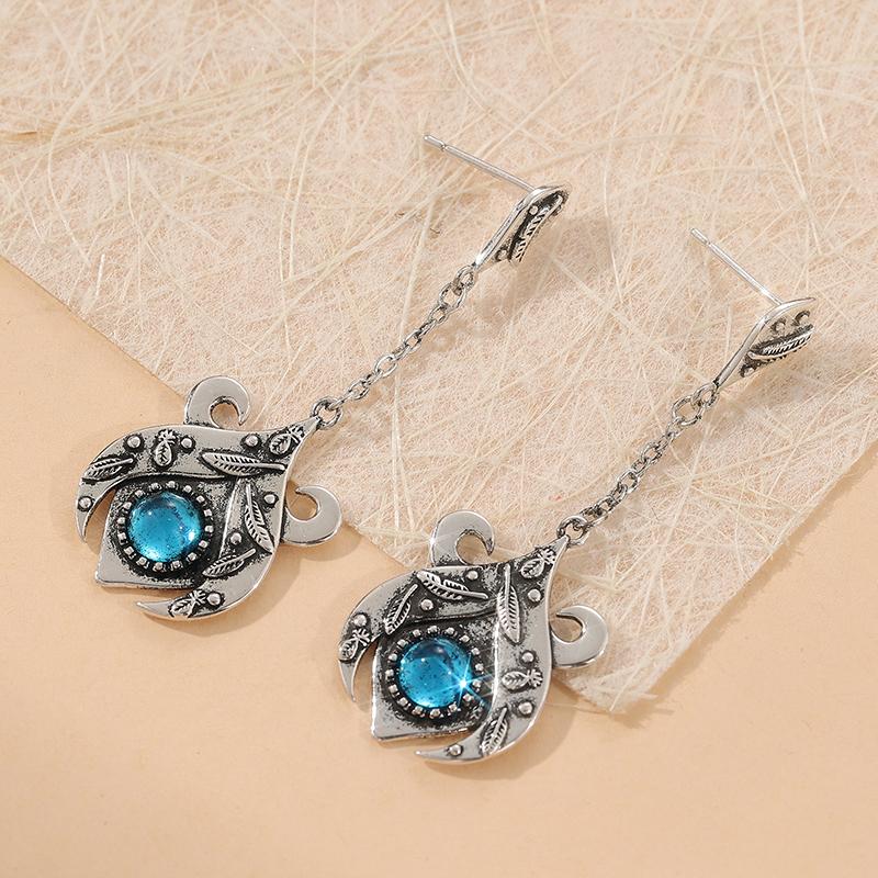 Ethnic Round Inlaid with Blue Stones Earrings Vintage Silver Color Metal Carving Pattern Dangle Earrings for Women Jewelry