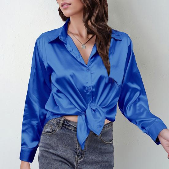 Women Shirt Lapel Long Sleeve Smooth Satin Shirt Tops Solid Color Loose Fit Casual Shirt Office Lady Shirt Daily Wear
