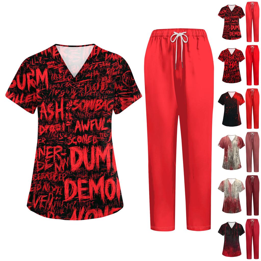 Women's Halloween Print Scrub Set - Short Sleeve Top and Pants with Pockets for Work