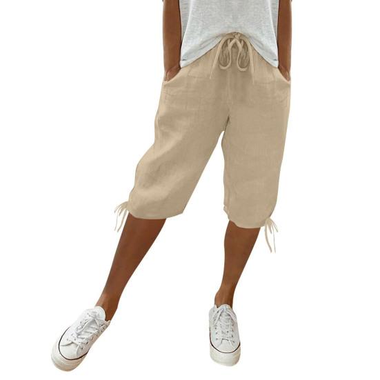 Women Shorts Elastic Mid-Waist Adjustable Drawstring Yoga Running Shorts with Pockets Solid Color Loose