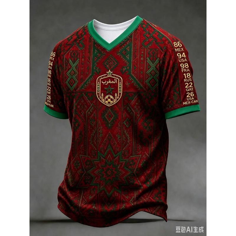 NOVÝ fotbalový dres Marockého týmu Červený Zelený Raglánový Rukáv 3D TISK Krátký Rukáv Fotbalové Tričko Unisex Fanouškovské Tréninkové Sportovní Tričko Top