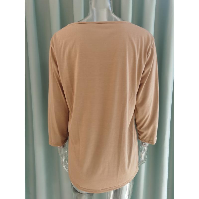 T-shirt uni à col rond et manches 3/4 pour femme - Haut décontracté à coupe ample