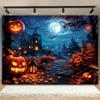 Halloween background tapestry - Gothic castle pumpkin lanterns bats moon.PMJ