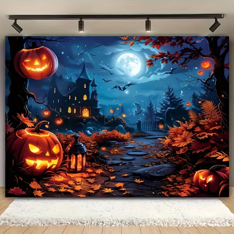 Halloween background tapestry - Gothic castle pumpkin lanterns bats moon.PMJ