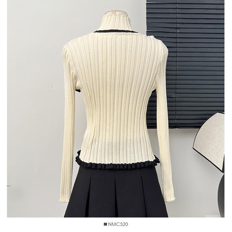Spring Autumn Women Half High Collar Full Sleeve Ruffles Knitted Sweater Pullover Tops