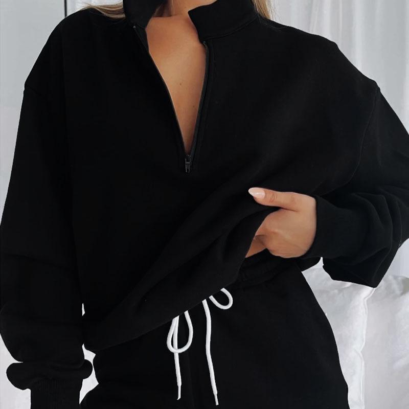 New Autumn-Winter Pure Color Stand Collar Zipper Pullover with Long Sleeves and Shorts: Women's Fashion Set