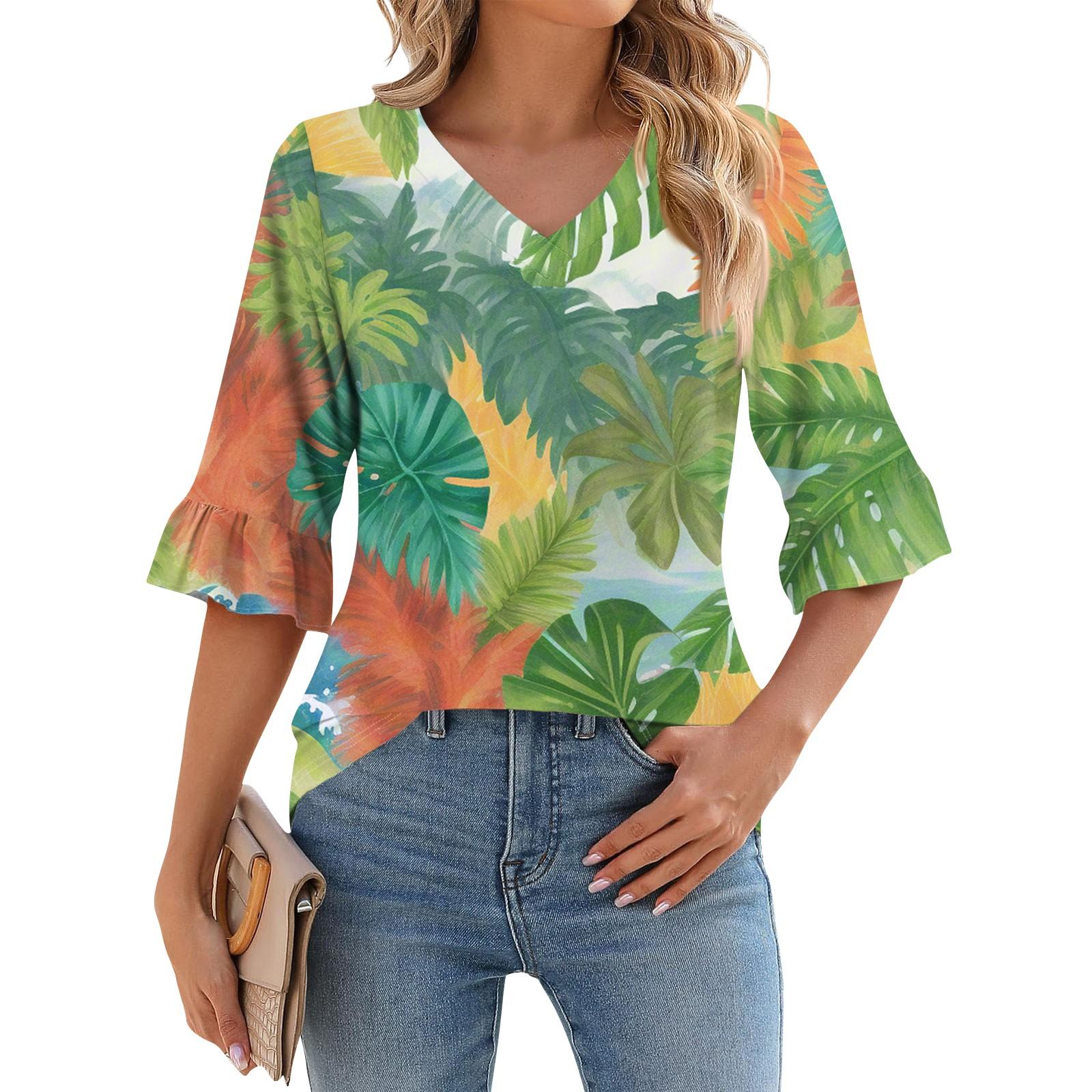 

Женская повседневная футболка с рукавом 3/4, летняя футболка с V-образным вырезом и пышными рукавами, гавайский принт L армия зеленый