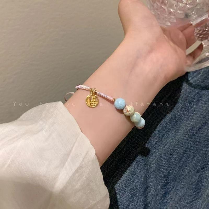 Woven rope bamboo bracelet women's new light luxury niche Shoushan stone beaded jewelry