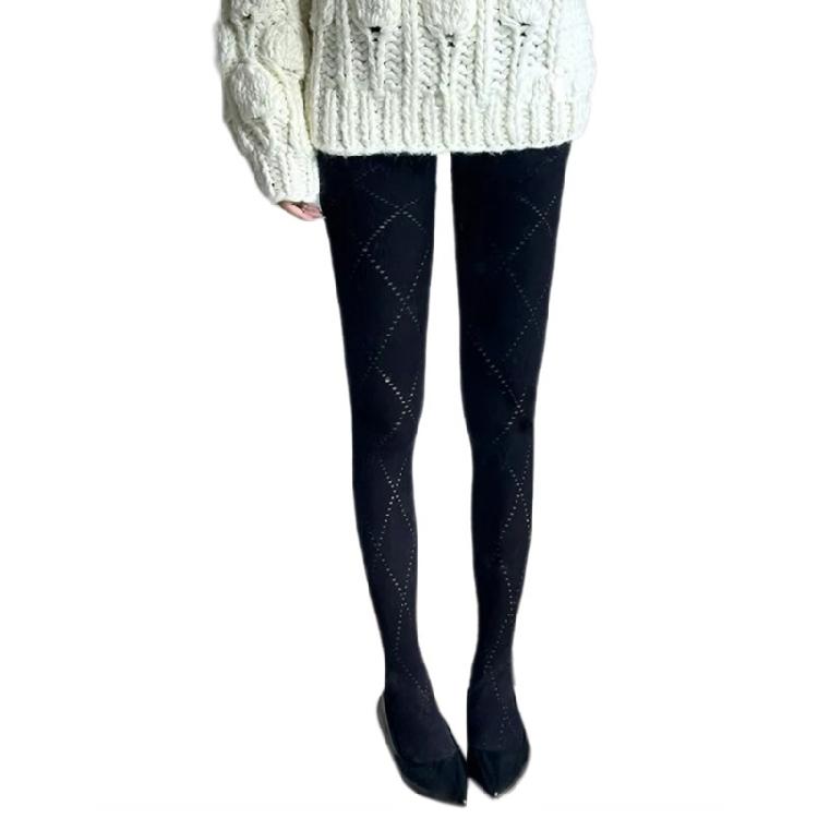 Women Hollowed Plaids Pattern Stockings Cotton Pantyhose Solid Color Winter Opaque Tights Bottoming Leggings Hosiery