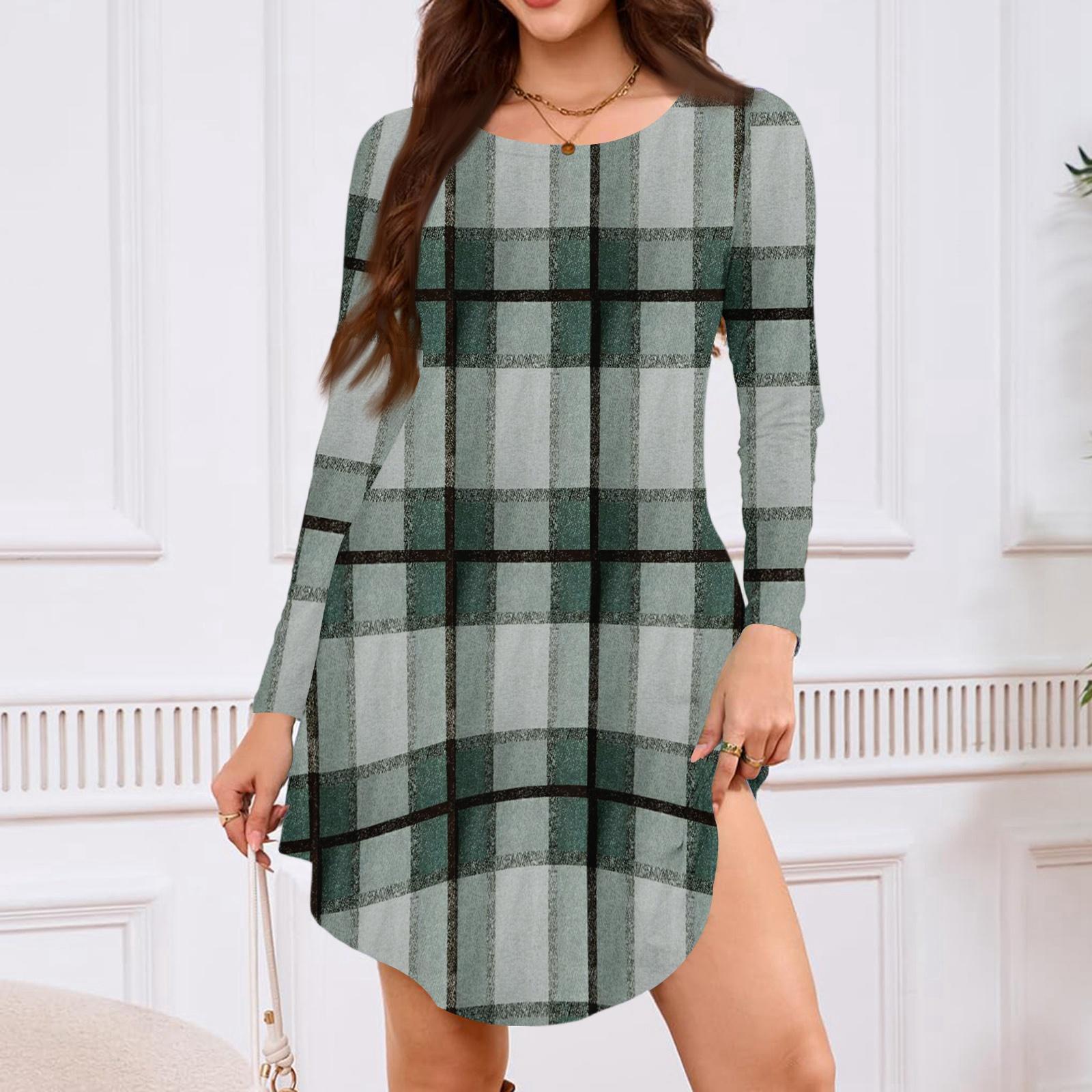 

Женское платье-футболка с длинным рукавом, круглым вырезом, длиной до колена, свободного кроя, повседневное и с карманами L зелёный