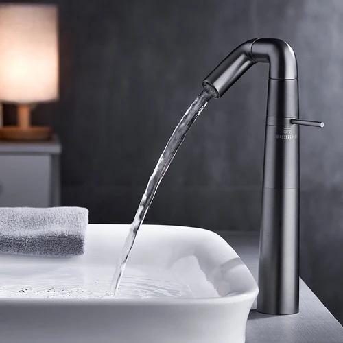 Gold & Black Tall Bathroom Faucet - Rotating Brass Basin Mixer, Hot/Cold Water Tap