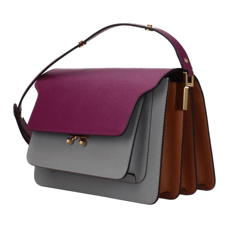 Marni Trunk Color Block Flap Kiss Lock Leather Shoulder Bag Medium Women Shoulder Bag Gray Purple SBMPN09U75-LV520-Z563N