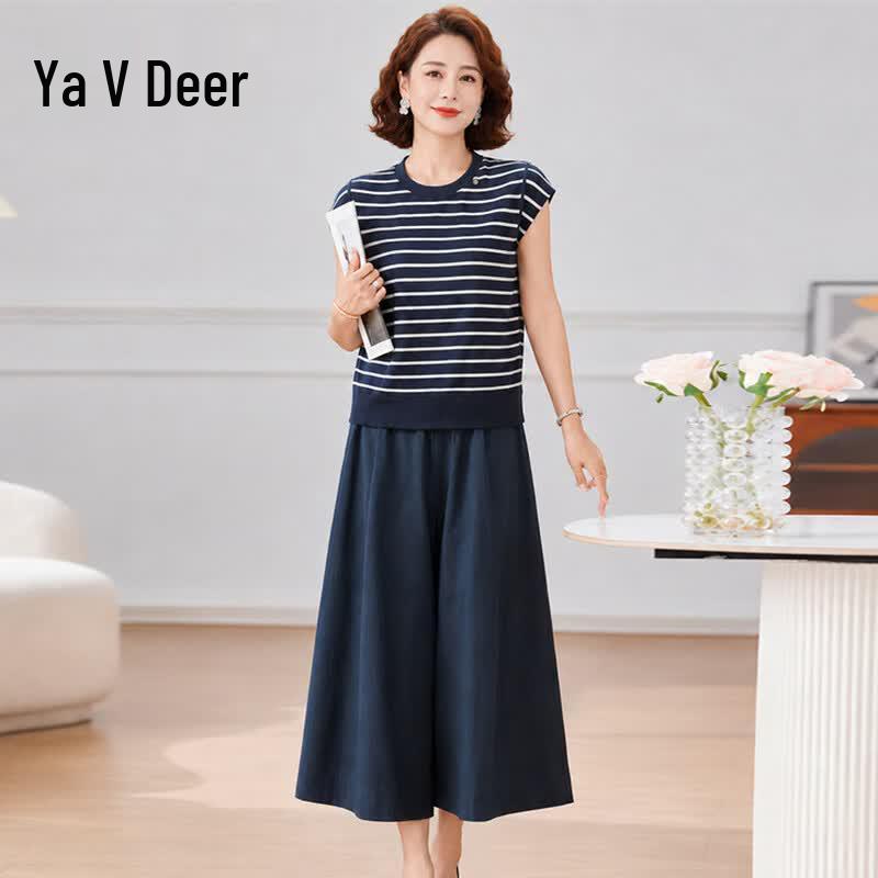 Yalu Women s Summer Striped Short Sleeve Two-Piece Set XL