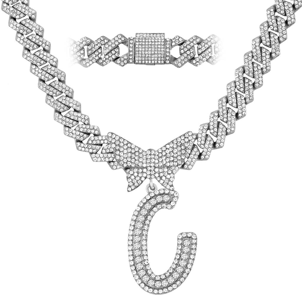 Men Women 14MM Cuban Chain Crystal Butterfly Initials Name Pendant Necklace Iced Out Cursive Letters Rapper Necklace Jewelry New