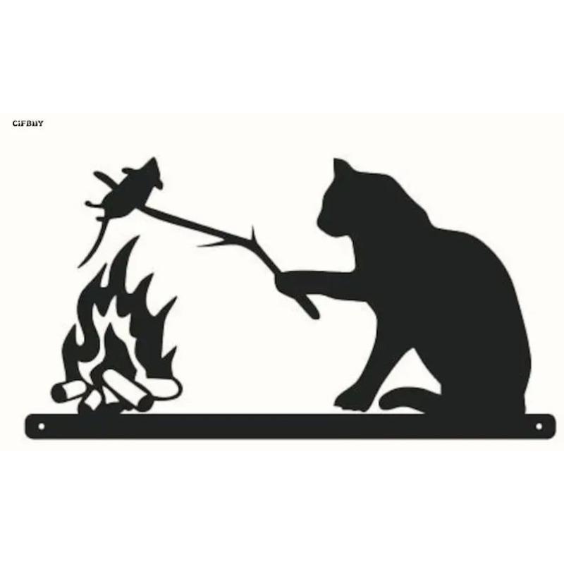 Металлическая настенная панель Искусство Сцена пикника кота Черная отделка