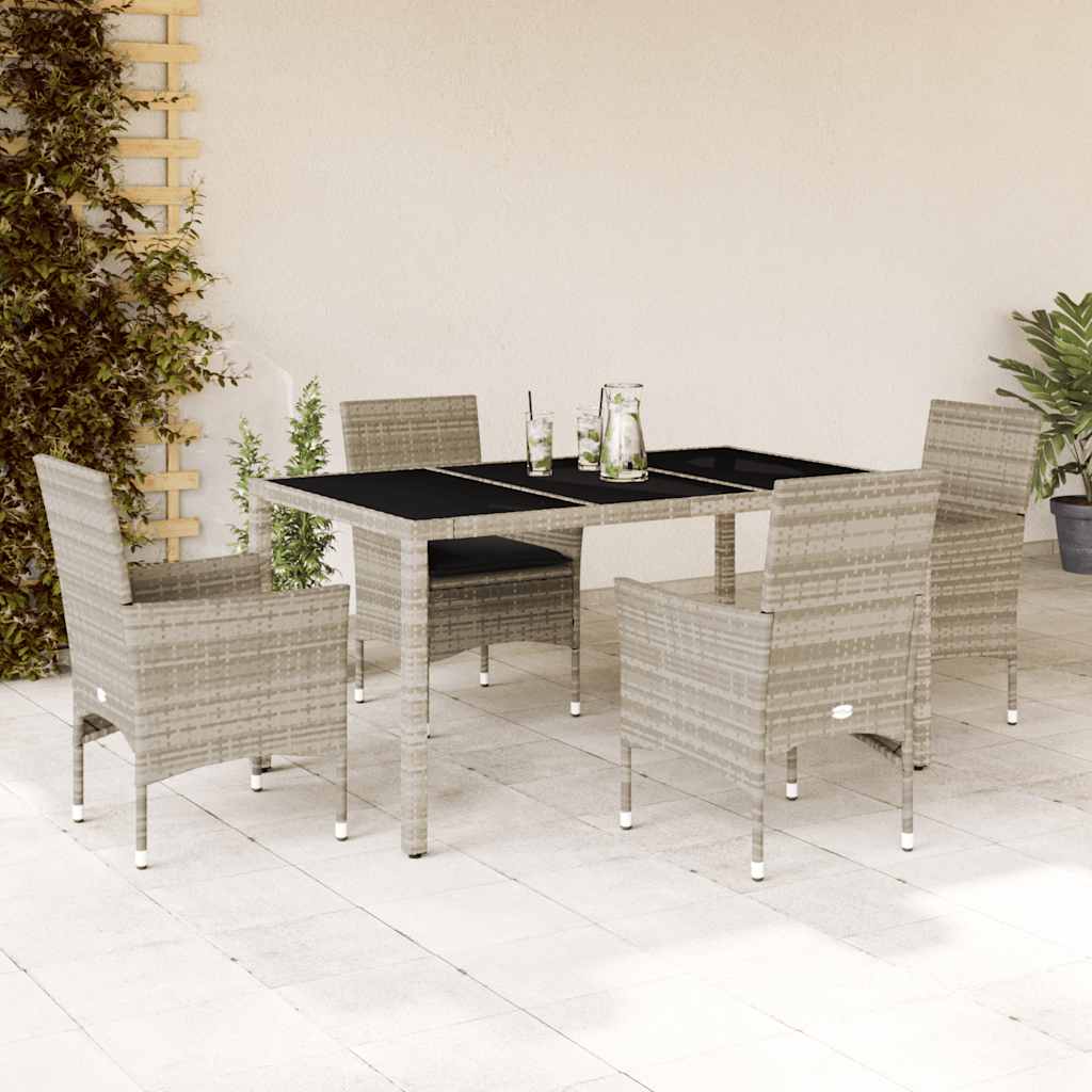 5 Piece Outdoor Dining Set with Cushions Light Grey Poly Rattan Glass Table