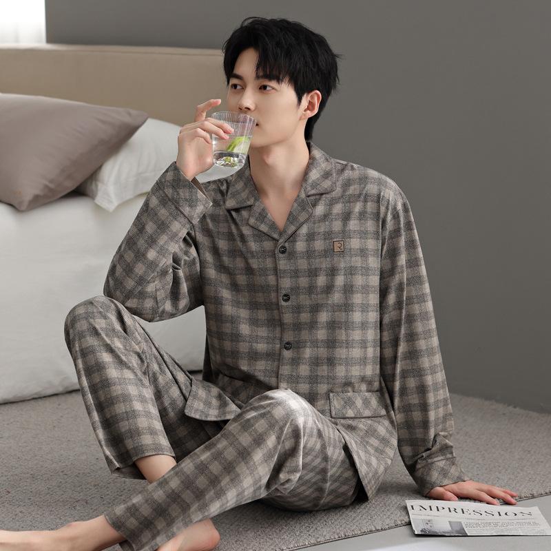 Pyjama aus reiner Baumwolle für Herren, Frühling und Herbst, Langarm-Cardigan in Größe L, Loungewear-Set für Väter (mittelgroß)