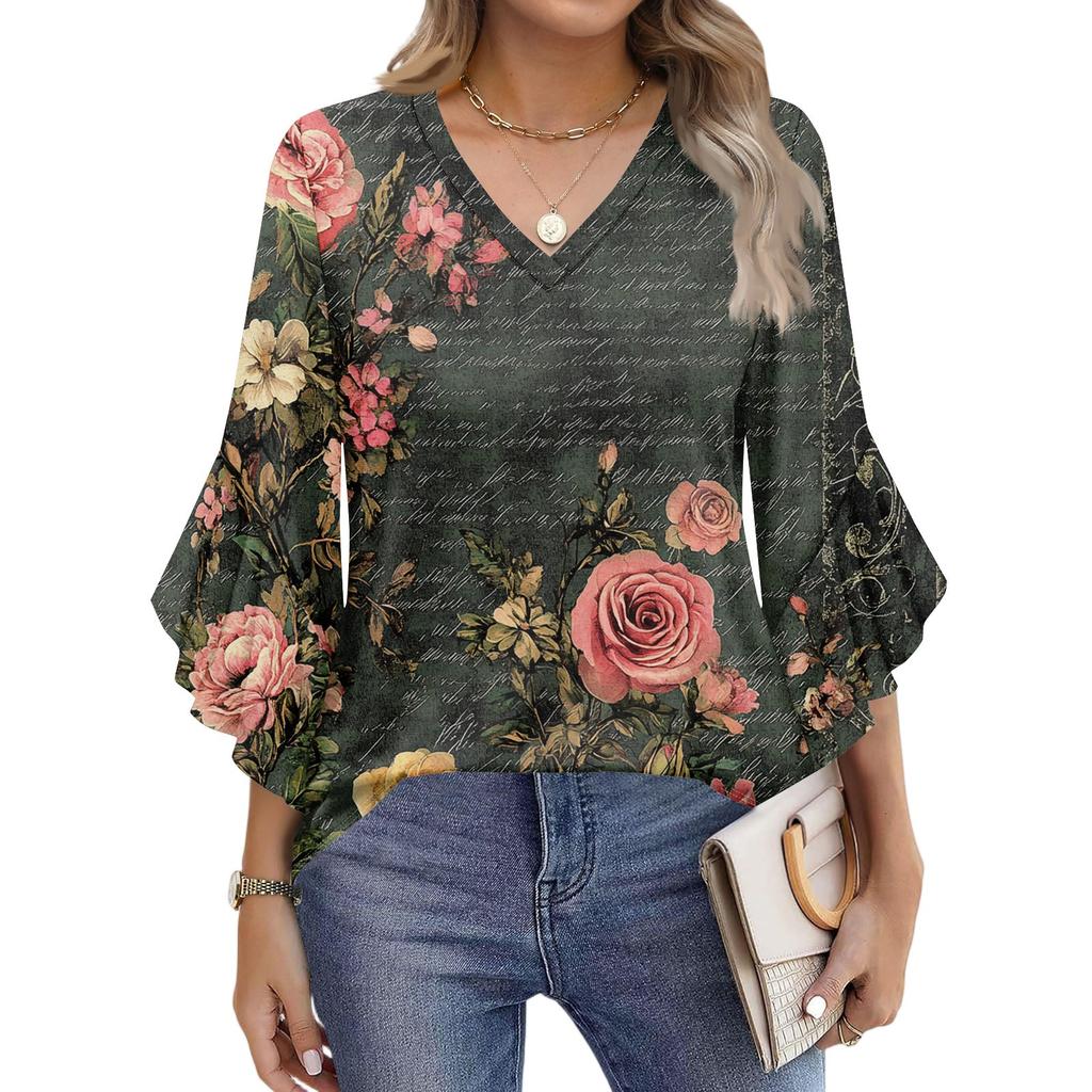 Blouses For Women Dressy Casual 3/4 Length Sleeve Womens Tops V Neck Tshirts Shirts With Flared Sleeve