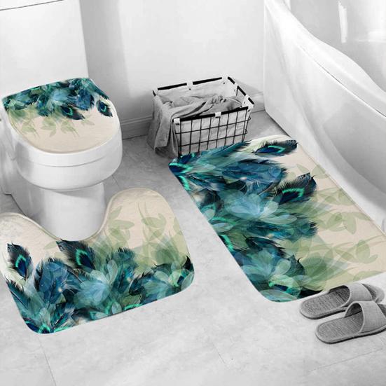 Badewannen-Vorhang-Set, Federmuster, waschbar, einfache Installation, lange Lebensdauer, Duschvorleger-Set für Hotel