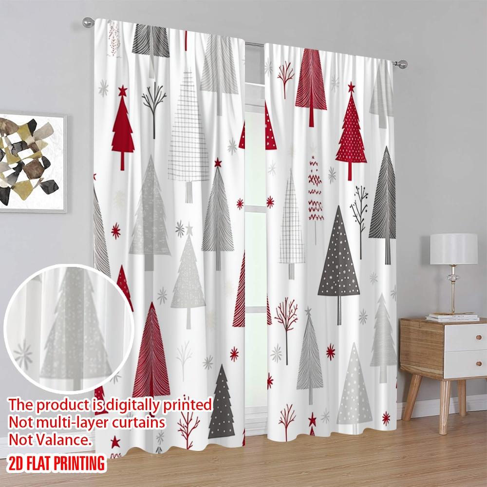 2pcs,2D plane printing Curtains Digital Printed Christmas Trees Red Grey Beige (3) Versatile 100% Polyester (without rod)