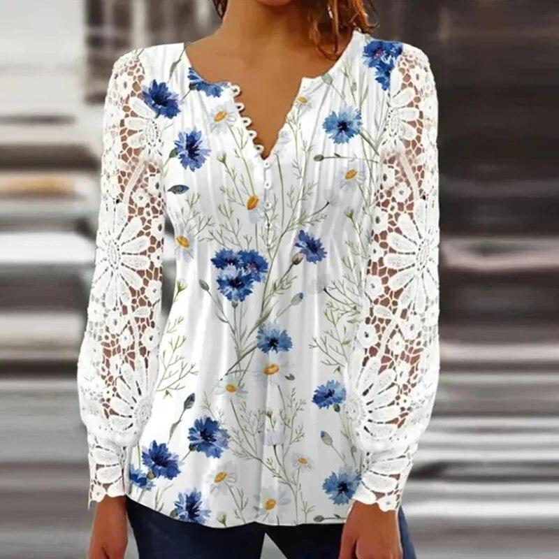 Hollow Out Long Sleeve Lace Shirts Women V Neck Elegant Print Blouse Female Fashion Casual Blusas Sexy Ladies Shirt Tops 24817
