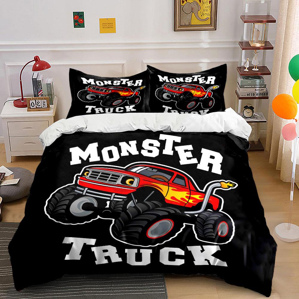 Monster Truck Red Flame Design Bedding Set for Kids Luxury Gift 3pcs Digital Print Comforter Set Soft Comfortable Breathable