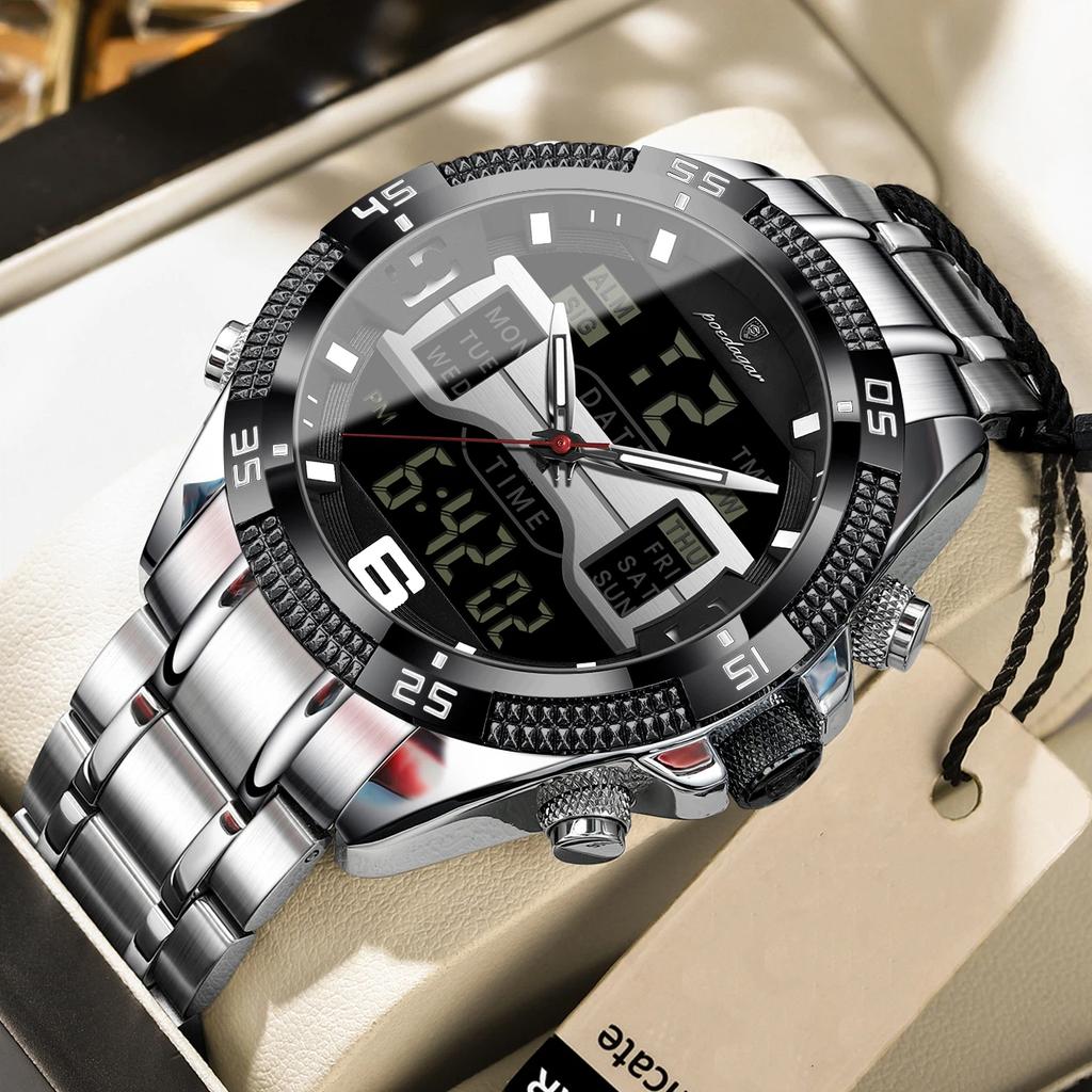 POEDAGAR Sports Luxury Man Wristwatch Dual Time Display Digital Week Date LED Luminous Men Watch Electronic Quartz Watches