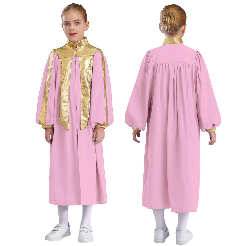 Ragazzi Ragazze Musulmano Arabo Thobe Manica Lunga Contrasto Metallico Cerniera Coro Veste Bambini Chiesa Adorazione Costume Spettacolo Danza Abbigliamento