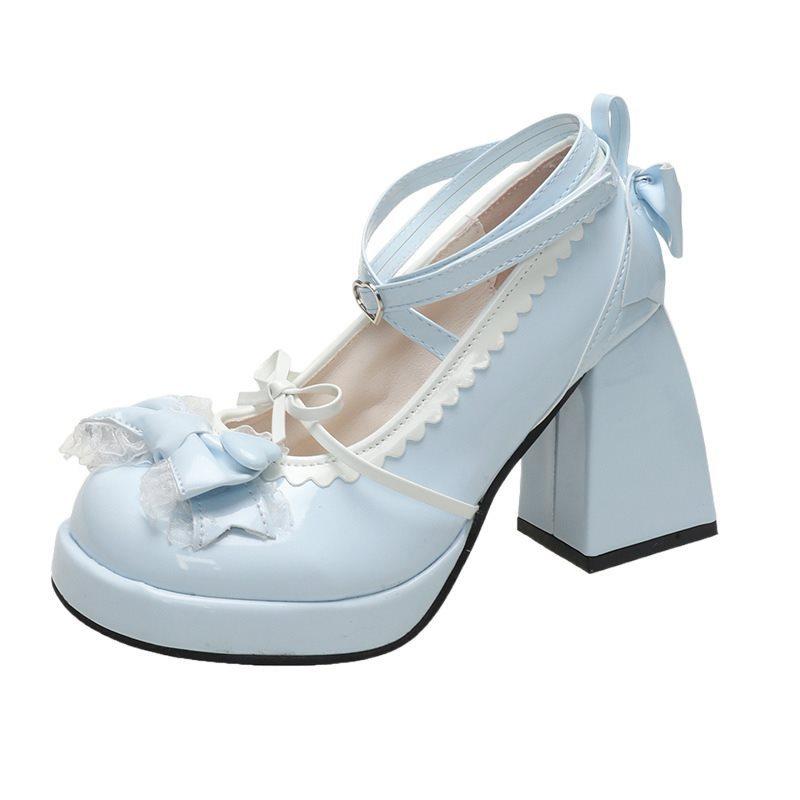 Japanese blue bow shoes high heels waterproof table sweet cute soft sister lolita children thick heel thick sole cloth