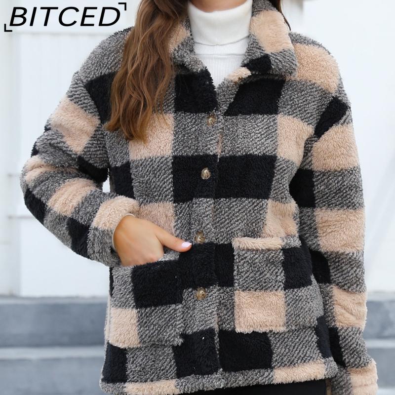 BITCED Women's Plaid Fleece Jacket with Patch Pockets Versatile Long-Sleeve Winter Fashion Casual Coat
