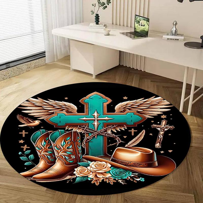 1Pc Cowgirl Boots Hat Circular Print Rug - Home Decoration Carpet For Living Room Bedroom Flooring Computer Chair Area Rug