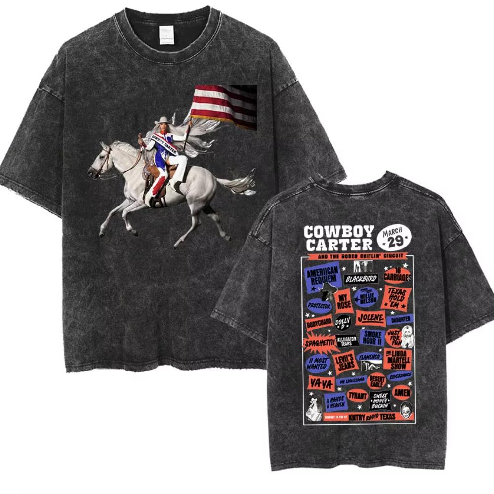 Cowboy Carter Beyonce Tour Vintage Washed T Shirts Men Women Hip Hop Harajuku Oversized Tshirt Summer Clothing Cotton Tees
