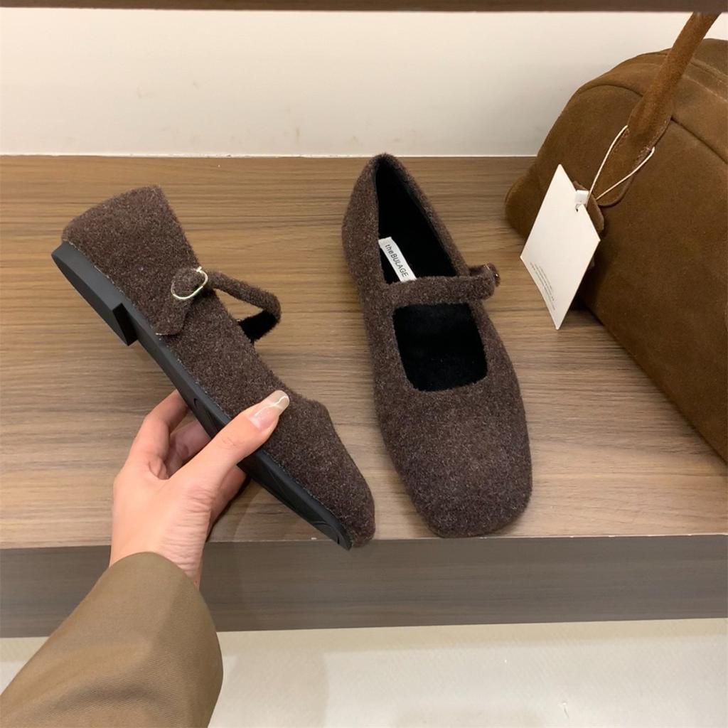 French Flat-bottomed Velvet Mary Jane Fluffy Shoes Women's Shoes Wear 2025 Autumn and Winter Retro Suede Evening Shoes