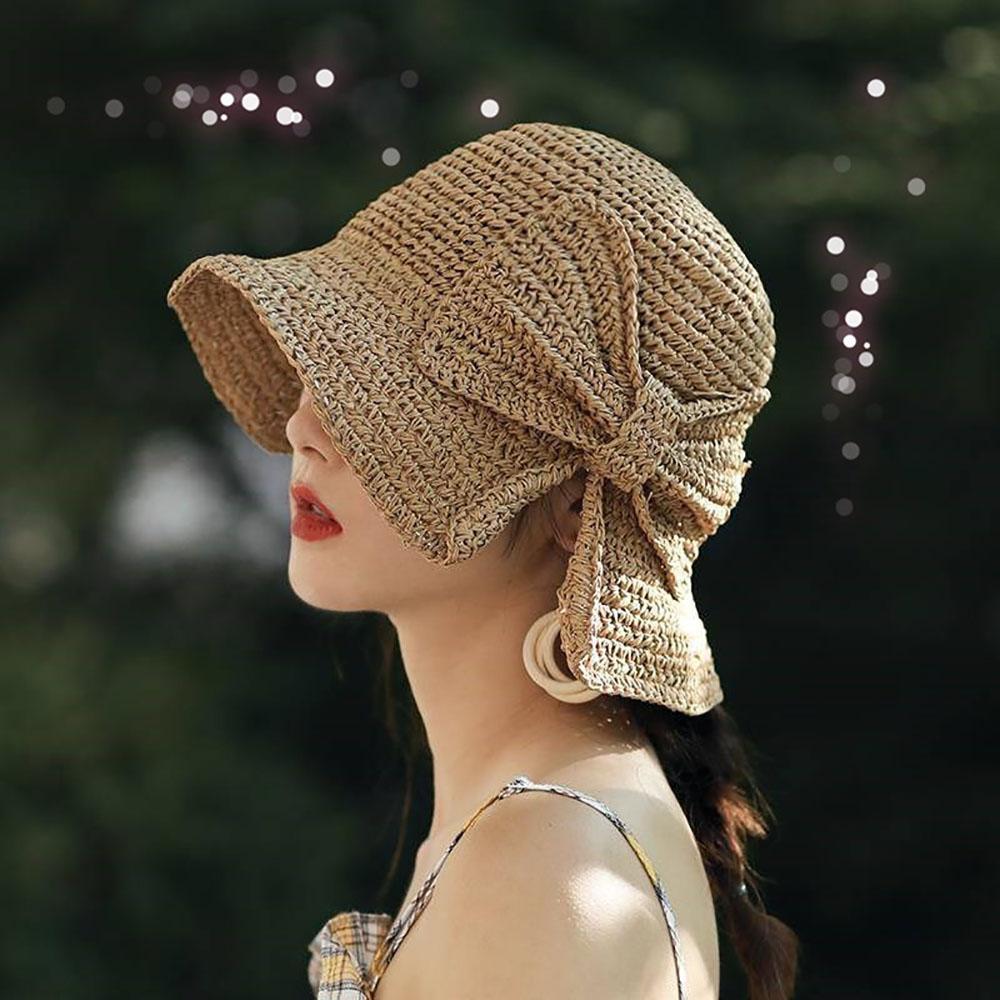 Summer Bow Sun Straw Hat Wide Brim Floppy Hats Collapsible Women Beach Panama Straw Dome Bucket Hat Femme Shade Hat