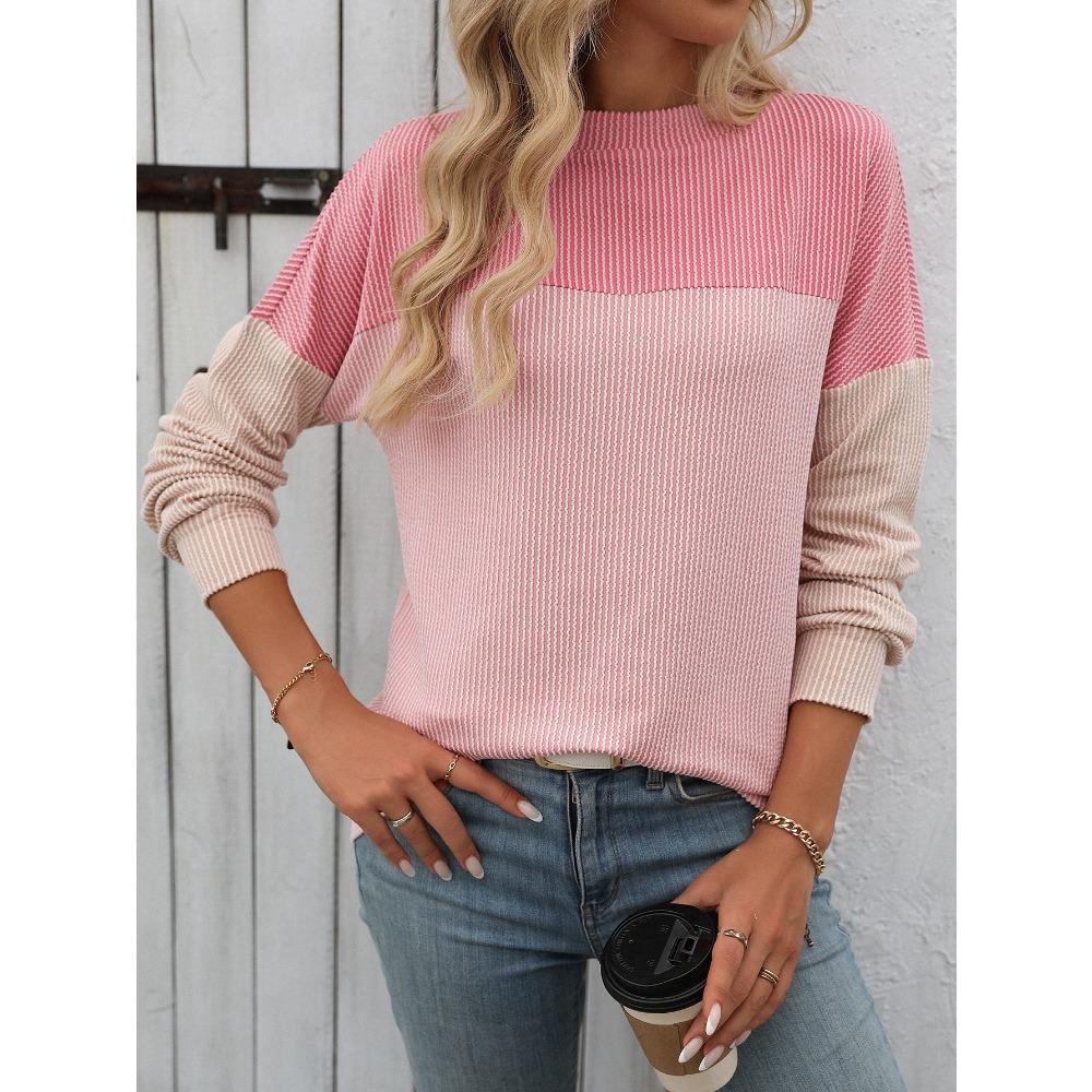 Spring and Autumn Round Neck Color blocked Long Sleeve Loose Women's T-shirts