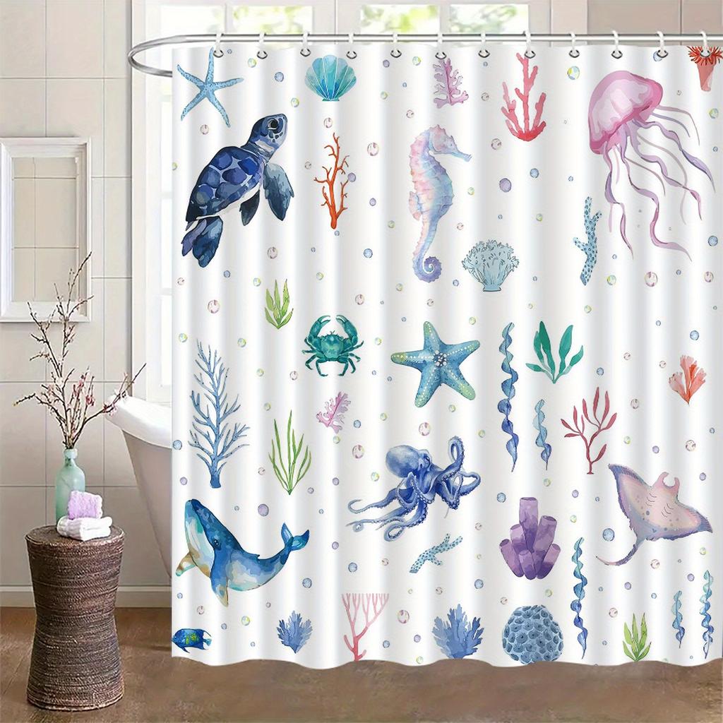 1pc Oceanic Shower Curtain with Hooks - Washable Polyester, Colorful Sea Creatures Design, Includes Jellyfish, Turtle