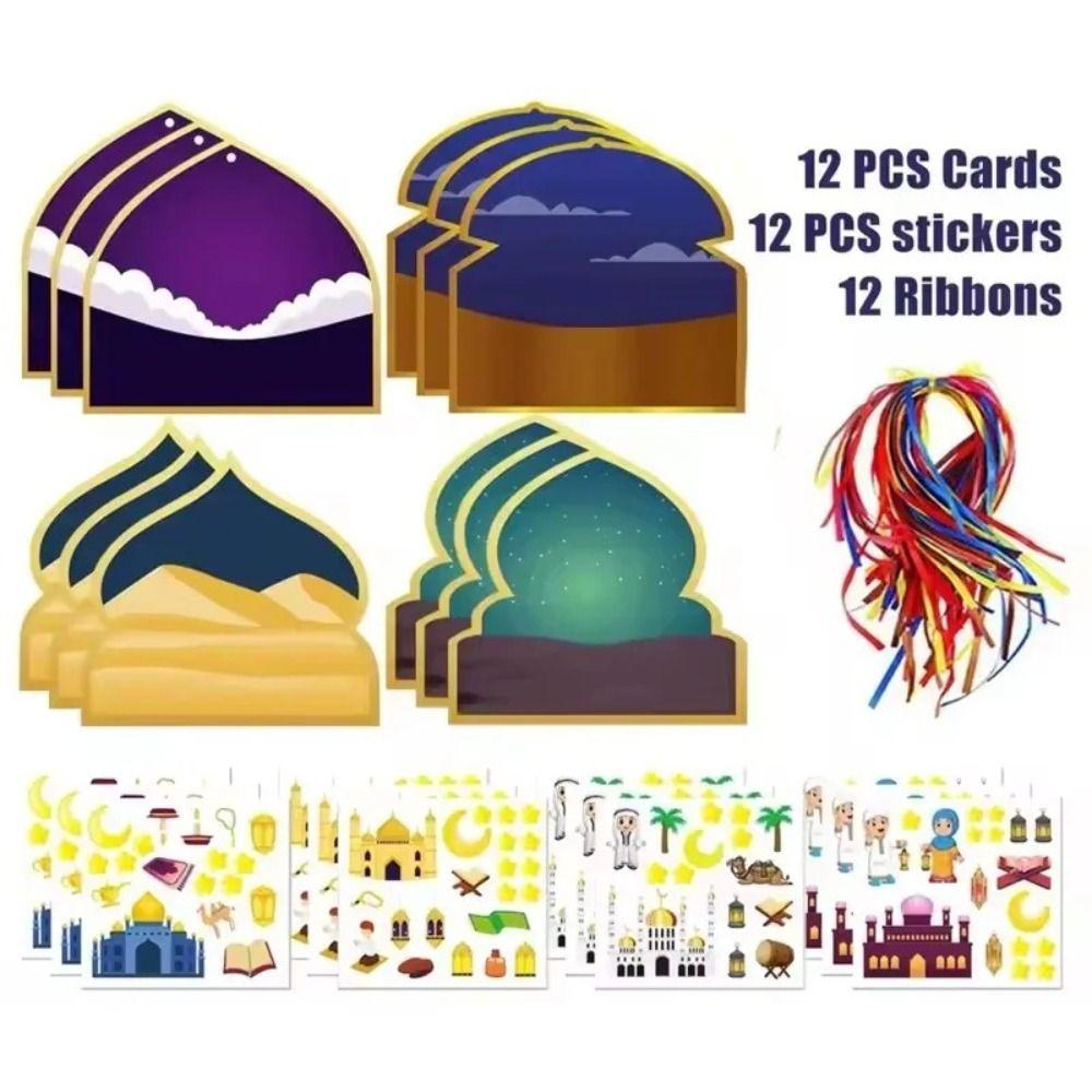 36Pcs Cartoon Eid Mubarak Hanging Decoration Ramadan Moon Star DIY Handicrafts Eid DIY Stickers Multicolored with Lanyard