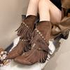 Studded Tassel Mid-Thigh Boots Autumn New Pointed Toe Suede Sleeve Soft Sole Non-Slip Wear-Resistant Block Heel Shoes