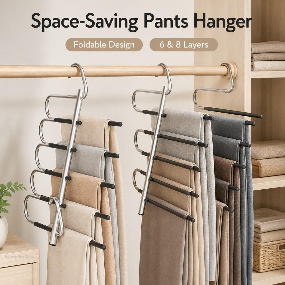 Stainless Steel Multi Tier Trouser Hanger Space Saving Closet Storage Rack 6 or 8 Layers Organize Jeans Casual Trousers Neatly