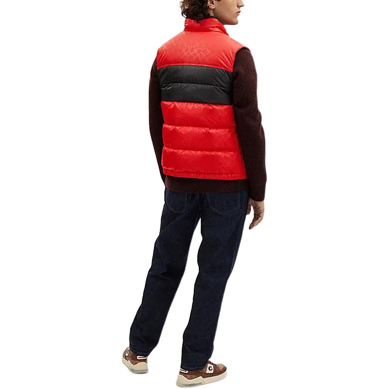 Coach Color Block Stand Collar Zipper Sleeveless Down Jacket Men outerwear Red CL599-RED
