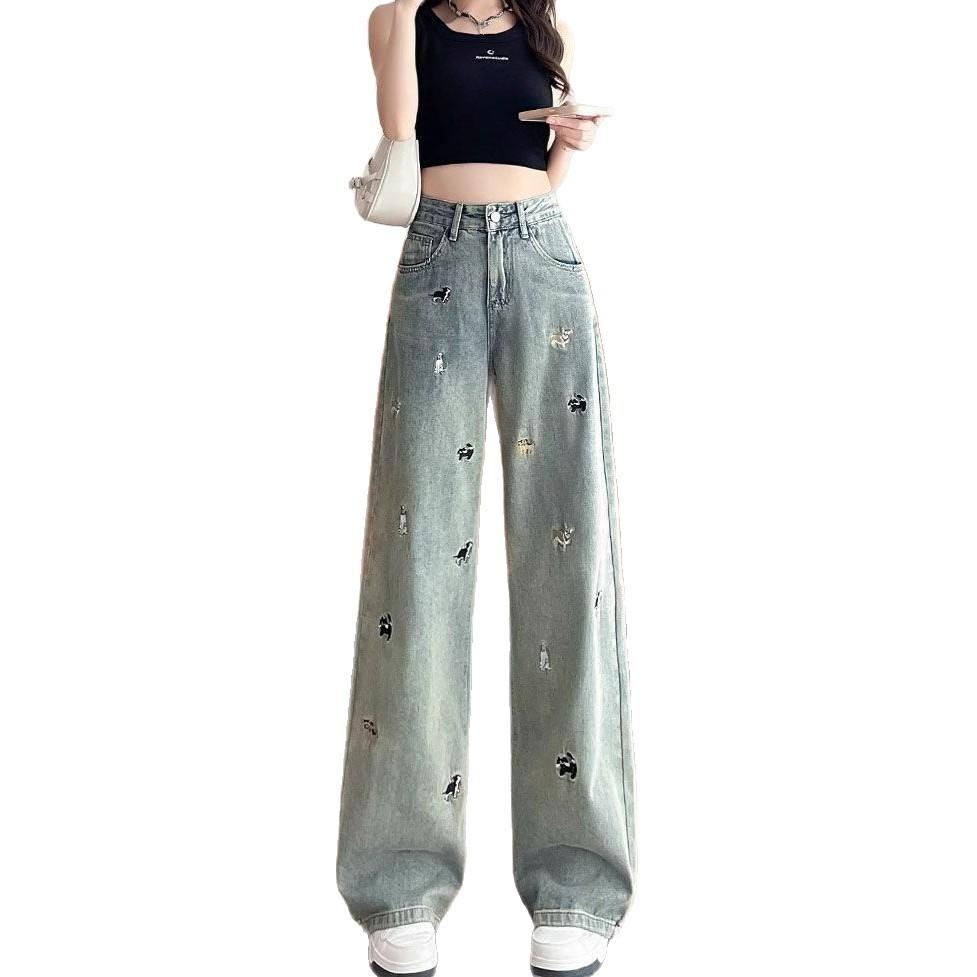Comfortable Puppy Fun Embroidered Jeans Women Autumn Big Yardage Woman Retro High Waist Skinny Wide-Leg Trousers Jeans for Women Long Denim Pants