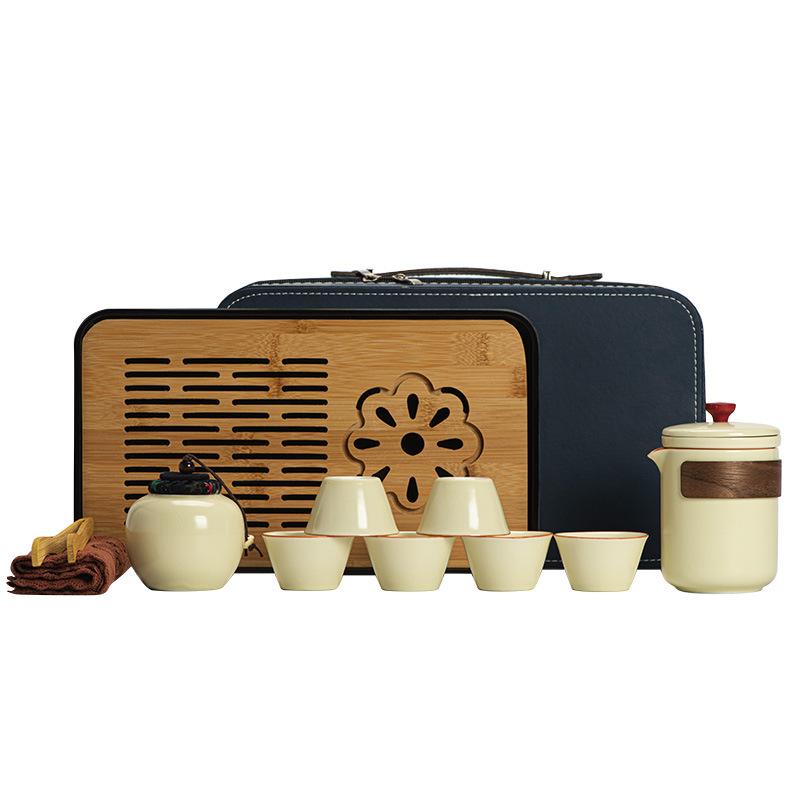 Ru Kiln Open Outdoor Portable Leather Bag Tea Set Complete Set of Teacups