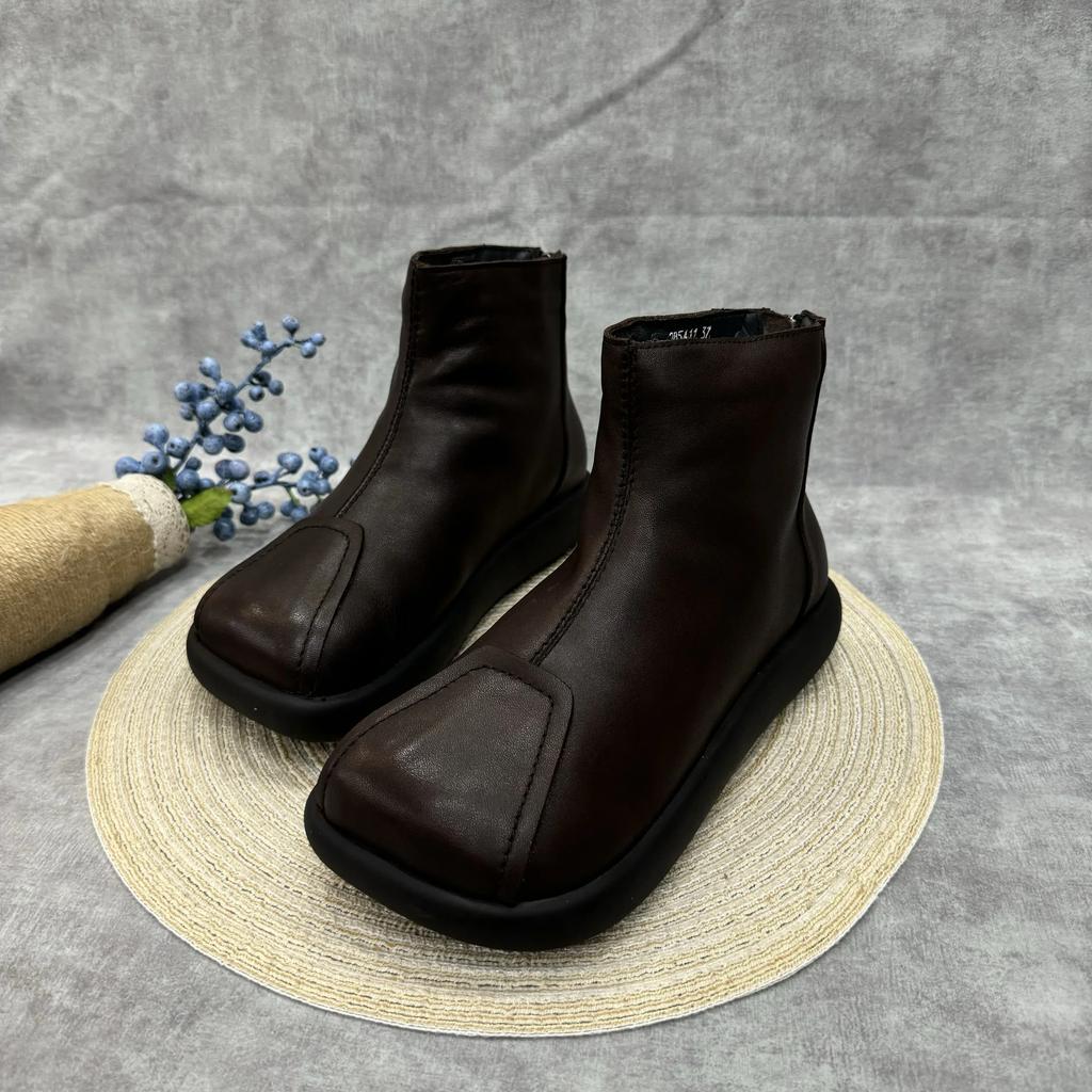 Frauen Wohnungen Plattform Knöchel Schnee Stiefel Fad Square Toe Leder Plüsch Baumwolle Schuhe Frau Winter 2025 Trend Warme Casual Botas Mujer