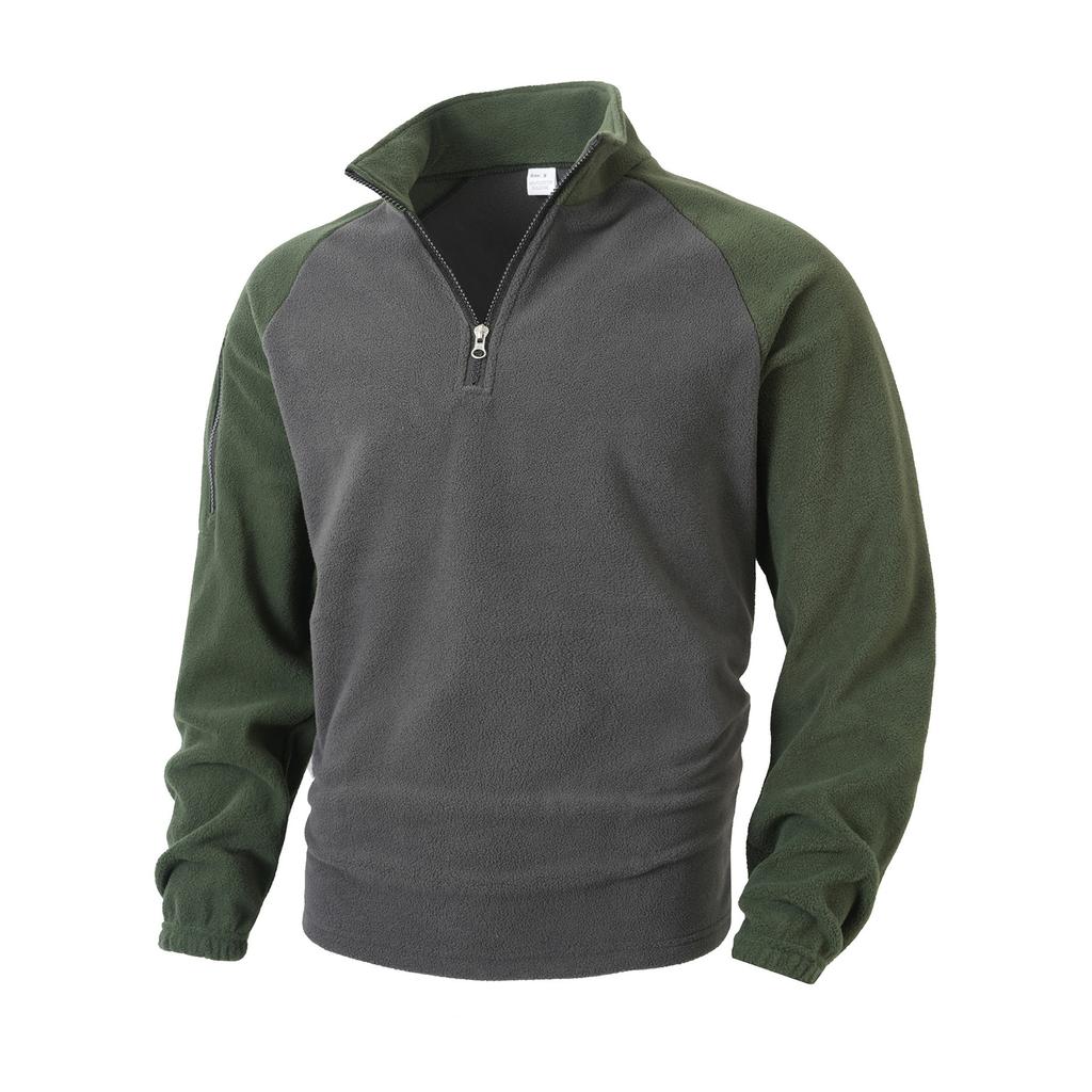 Men's Outdoor Casual Sports Fleece-Lined Warm Stand-Up Collar Pullover Color-Blocked Zipper Hoodie