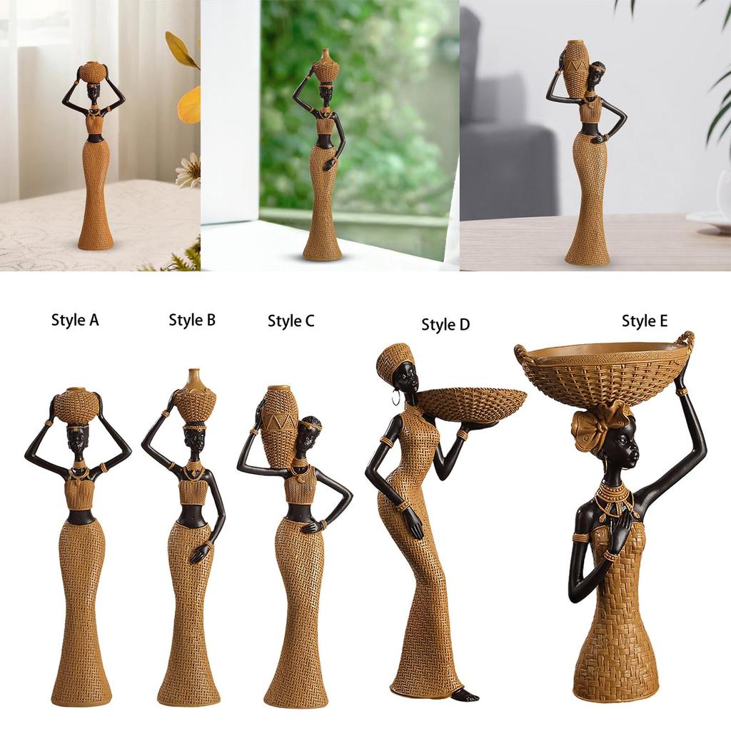 African Woman Figure Table Sculpture Handmade Retro Weave Pattern Decorative for